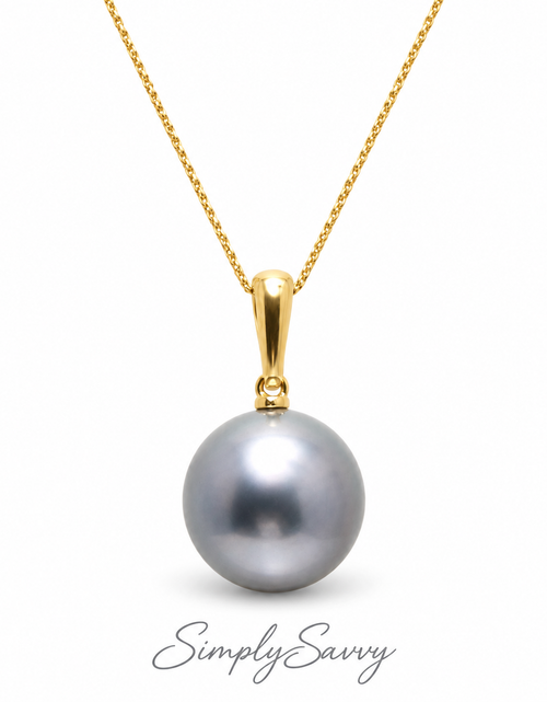 Load image into Gallery viewer, 14K Yellow Gold Tahitian Pearl Pendant Necklace | 12–13mm Round Grey-Green Pearl | 45cm
