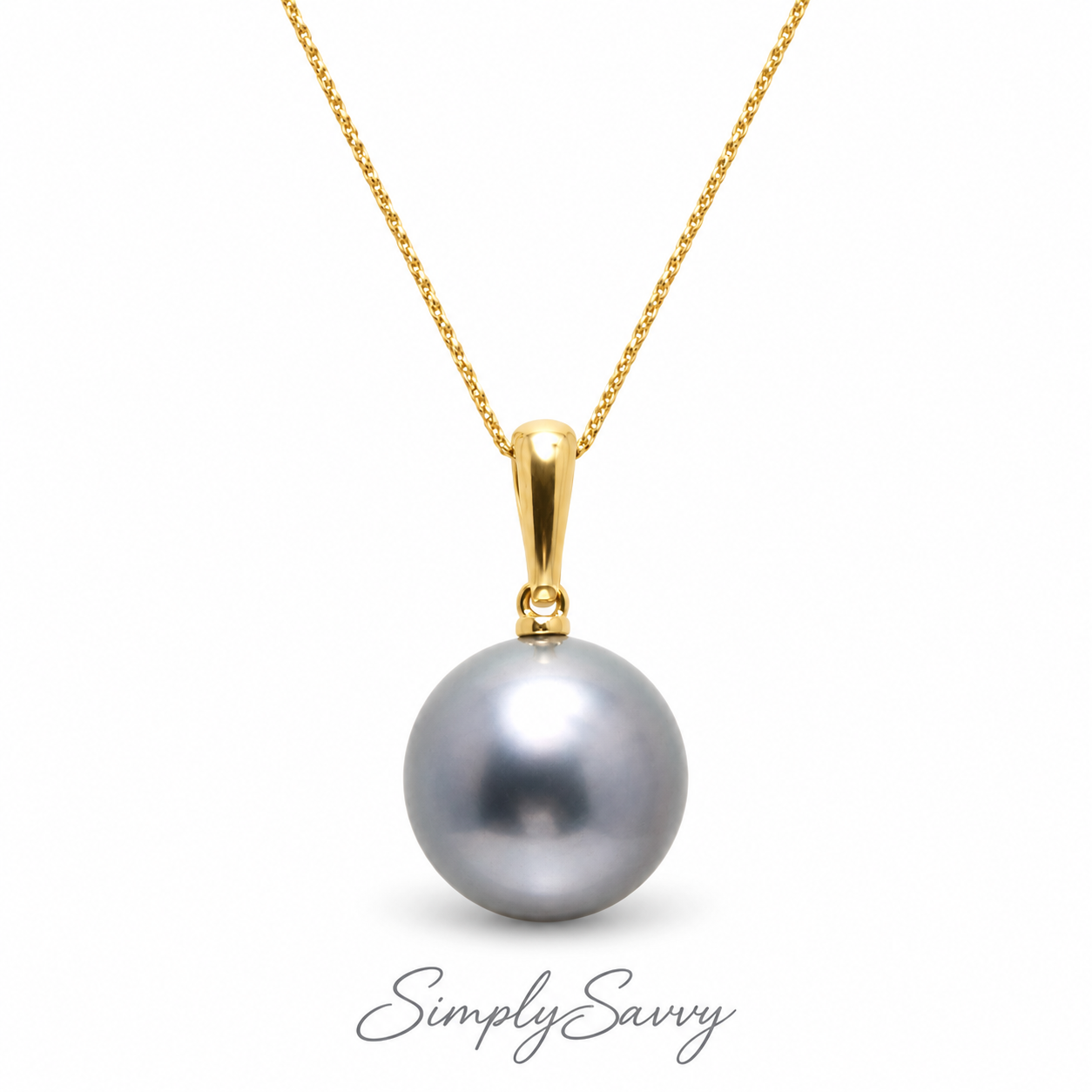 14K Yellow Gold Tahitian Pearl Pendant Necklace | 12–13mm Round Grey-Green Pearl | 45cm