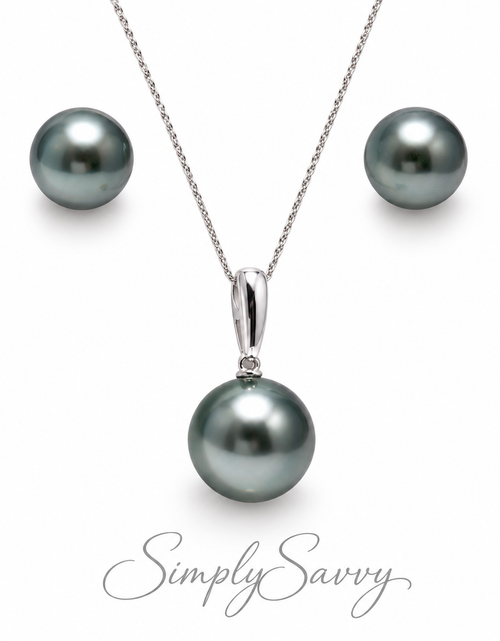 Load image into Gallery viewer, 14K White Gold Peacock Tahitian Pearl Necklace &amp; Stud Earring Set | 10–11mm | French Polynesia

