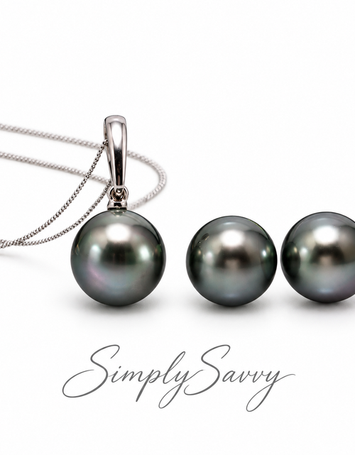 Load image into Gallery viewer, 14K White Gold Peacock Tahitian Pearl Necklace &amp; Stud Earring Set | 10–11mm | French Polynesia
