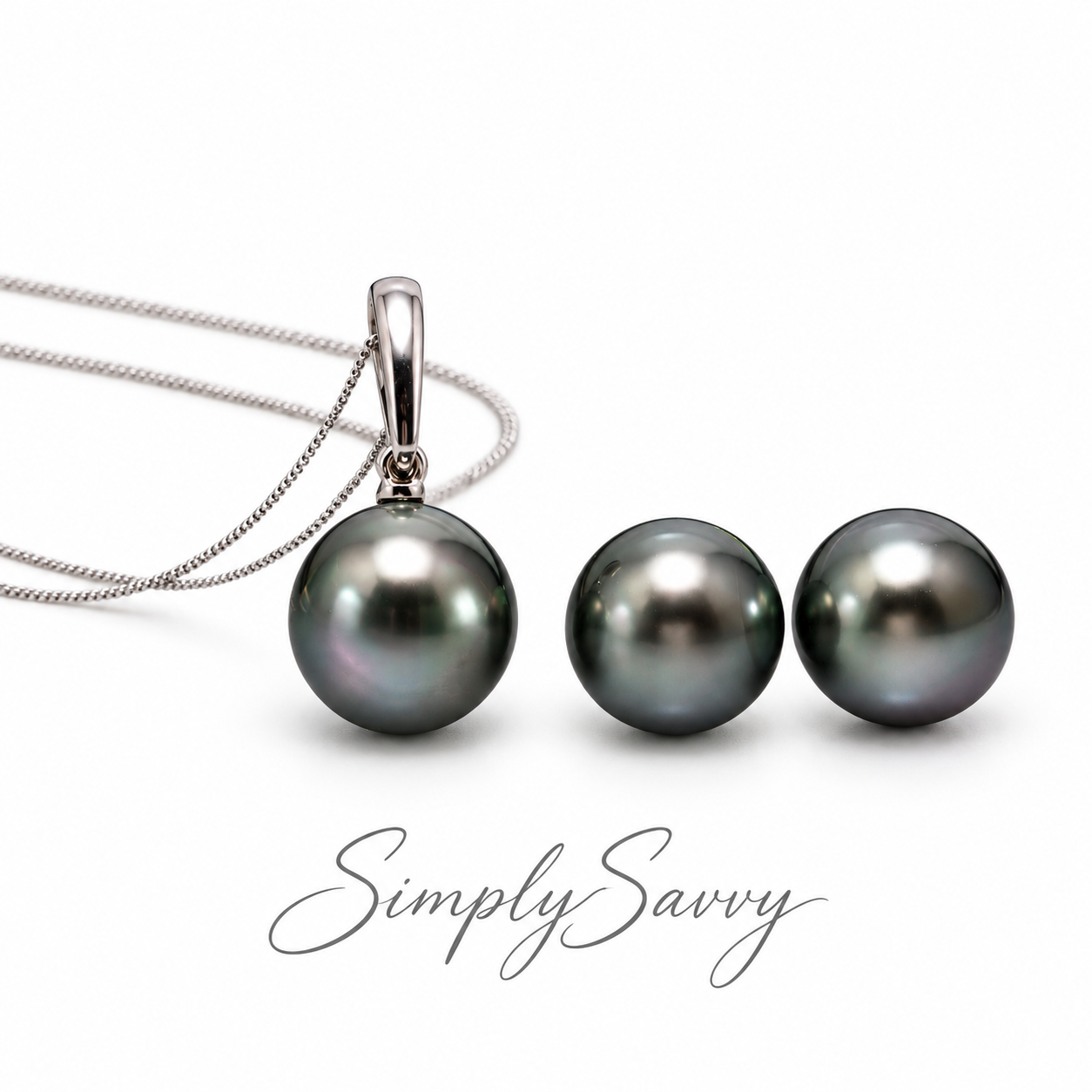 14K White Gold Peacock Tahitian Pearl Necklace & Stud Earring Set | 10–11mm | French Polynesia
