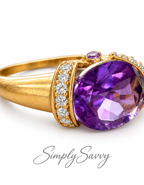 Load image into Gallery viewer, Royal Bloom Amethyst Ring Oval Amethyst &amp; Diamond Accent Ring in 10K Yellow Gold
