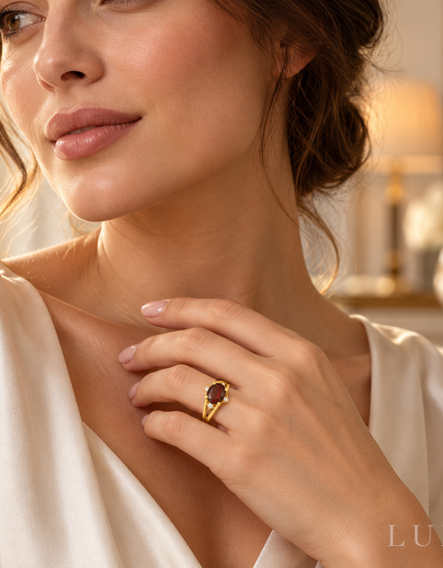 Load image into Gallery viewer, Natural Garnet &amp; Diamond Accent Ring (0.68 CTW) – Solid 10K Yellow Gold | Simply Savvy
