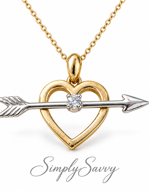 Load image into Gallery viewer, Simply Savvy “Cupid’s Arrow” 14K Gold Diamond Heart Pendant Necklace
