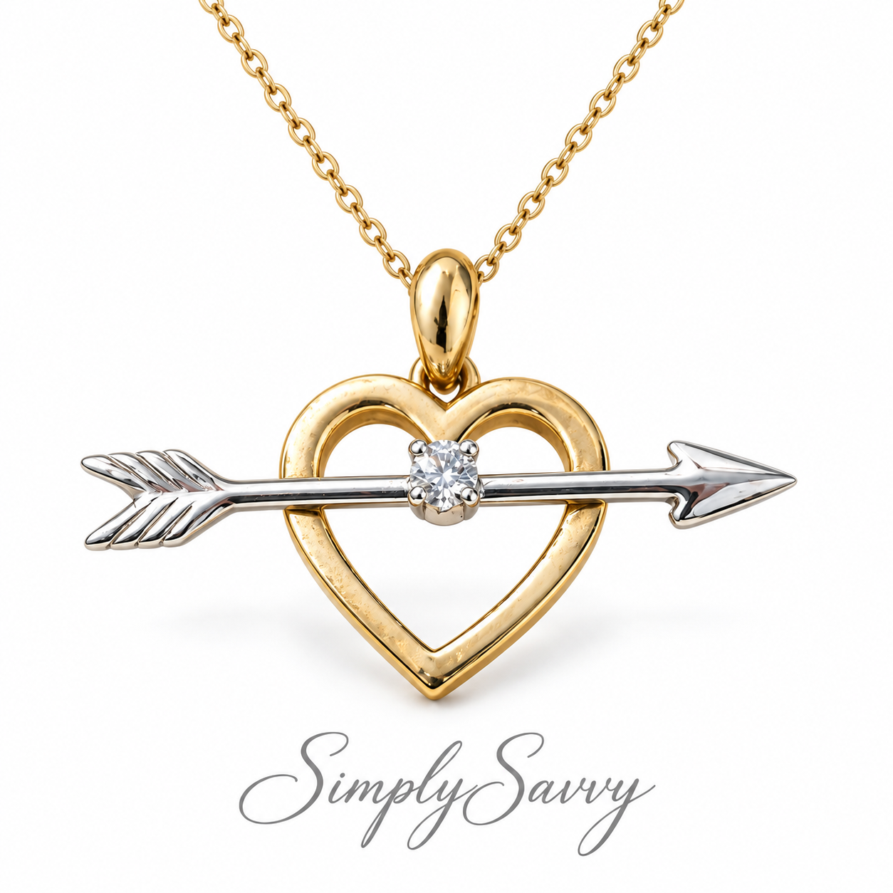 Simply Savvy “Cupid’s Arrow” 14K Gold Diamond Heart Pendant Necklace