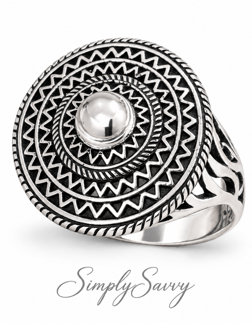 Load image into Gallery viewer, SImply Savvy Bali Mandala Statement Ring – Handcrafted Sterling Silver Artisan Ring
