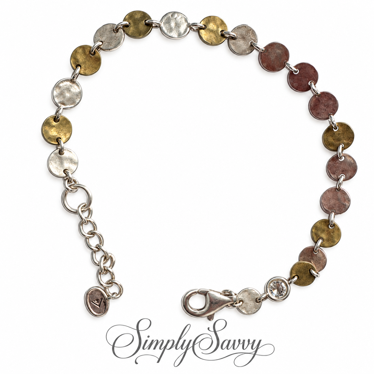 Pre-Owned Silpada Sterling Silver Hammered Disc Adjustable Bracelet with Crystal Accent – Retired Design