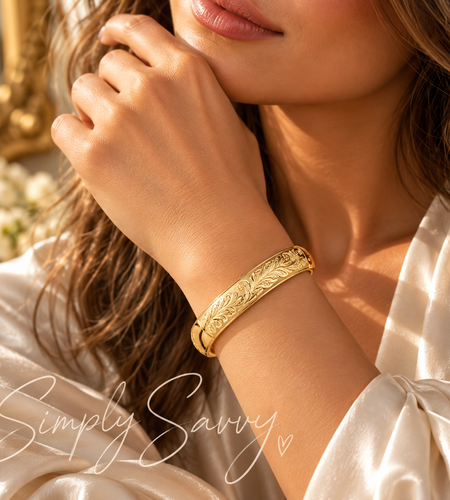 14K Yellow Gold Engraved Florentine Bangle – 27.7g, 12mm