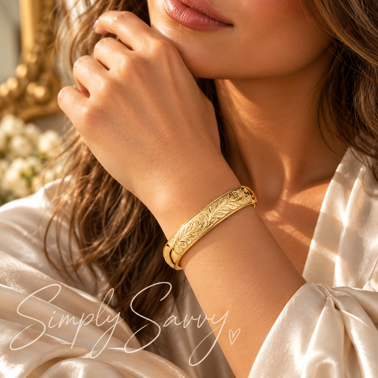 14K Yellow Gold Engraved Florentine Bangle – 27.7g, 12mm