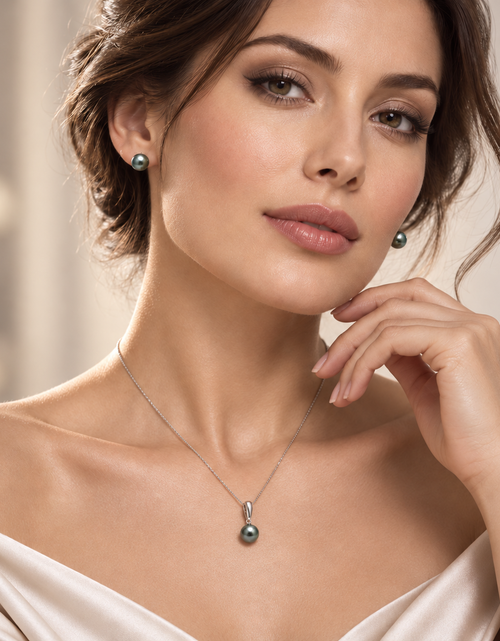 Load image into Gallery viewer, 14K White Gold Peacock Tahitian Pearl Necklace &amp; Stud Earring Set | 10–11mm | French Polynesia

