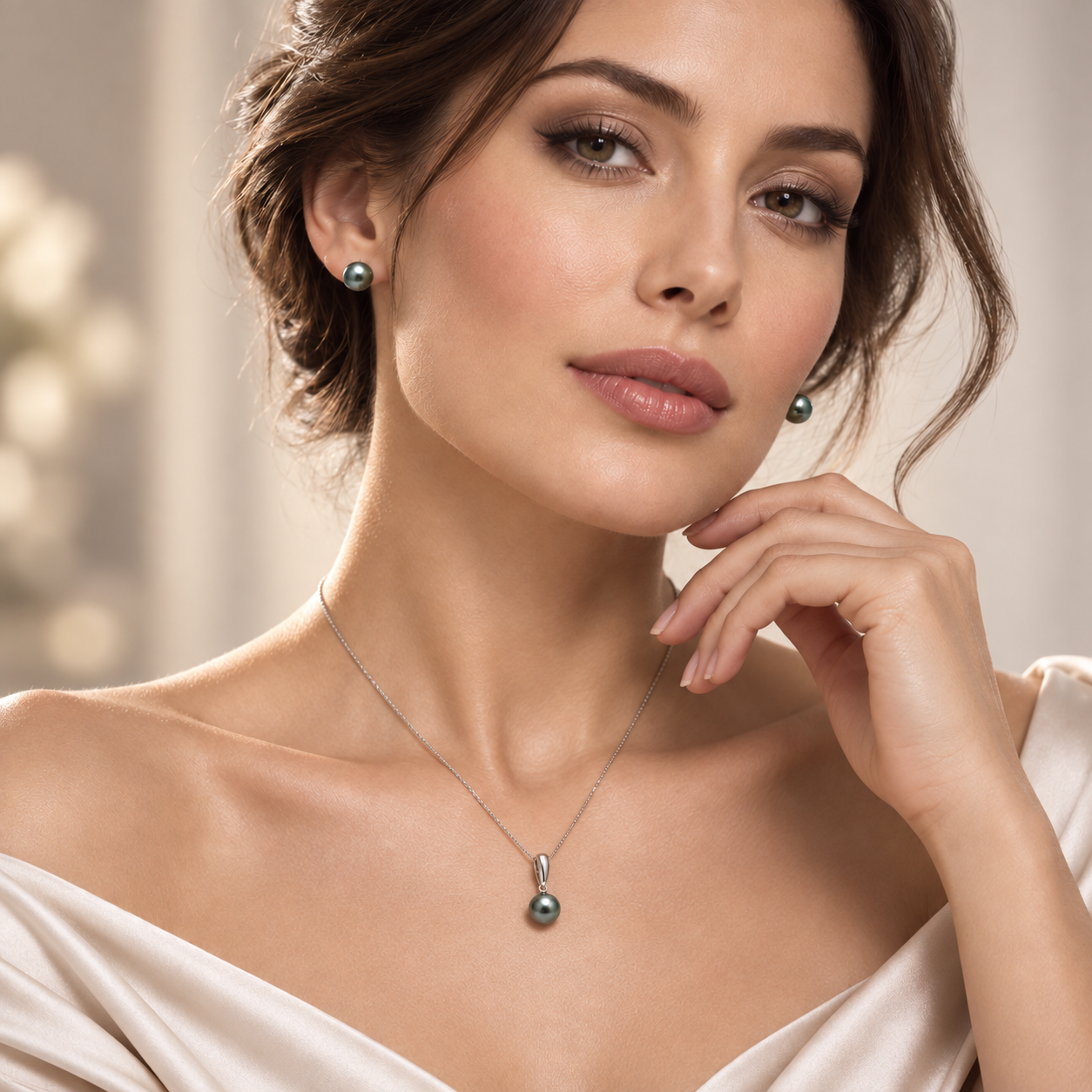 14K White Gold Peacock Tahitian Pearl Necklace & Stud Earring Set | 10–11mm | French Polynesia