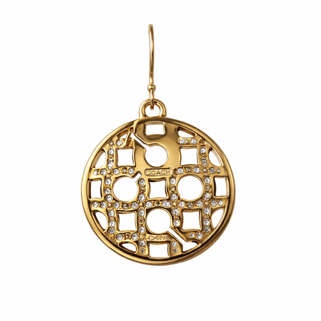 Coach Gold Tone Crystal Logo Drop Earrings – Signature C Statement Earrings