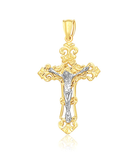 14K Two-Tone Gold Ornate Crucifix Cross Pendant – 1.54 Inches