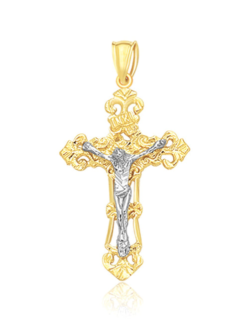 Load image into Gallery viewer, 14K Two-Tone Gold Ornate Crucifix Cross Pendant – 1.54 Inches
