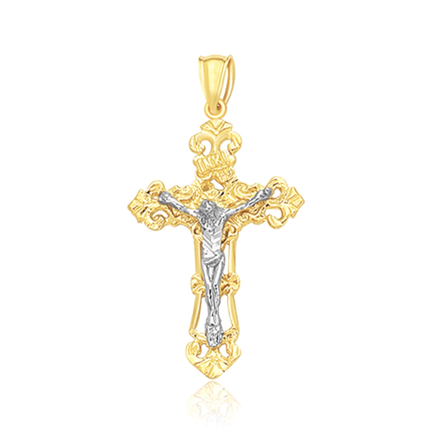 14K Two-Tone Gold Ornate Crucifix Cross Pendant – 1.54 Inches