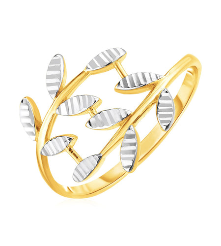 14K Two-Tone Gold Textured Leaf Crossover Ring