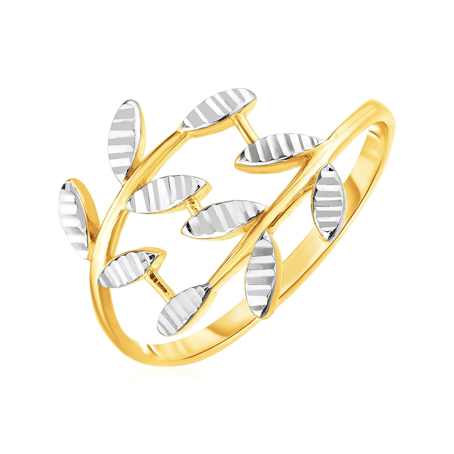 14K Two-Tone Gold Textured Leaf Crossover Ring