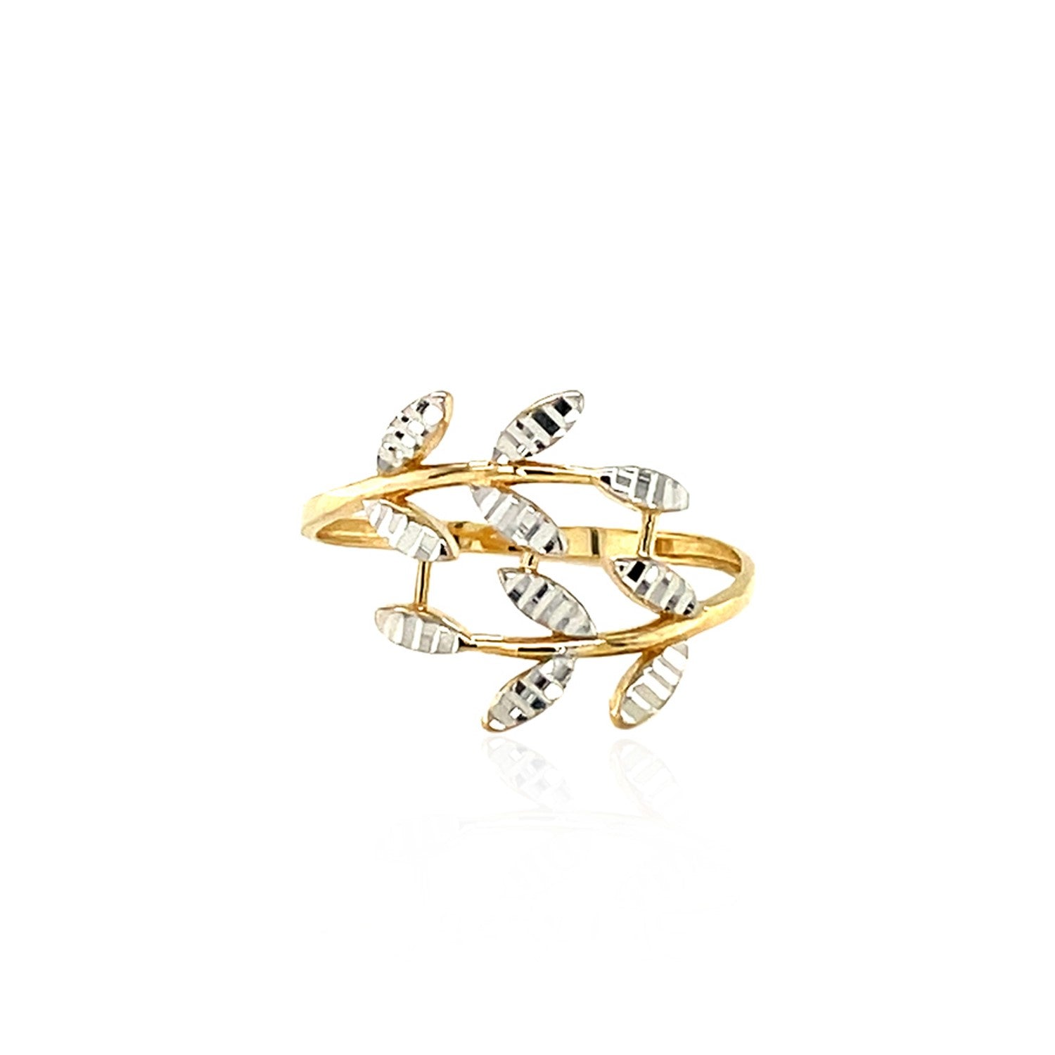 14K Two-Tone Gold Textured Leaf Crossover Ring