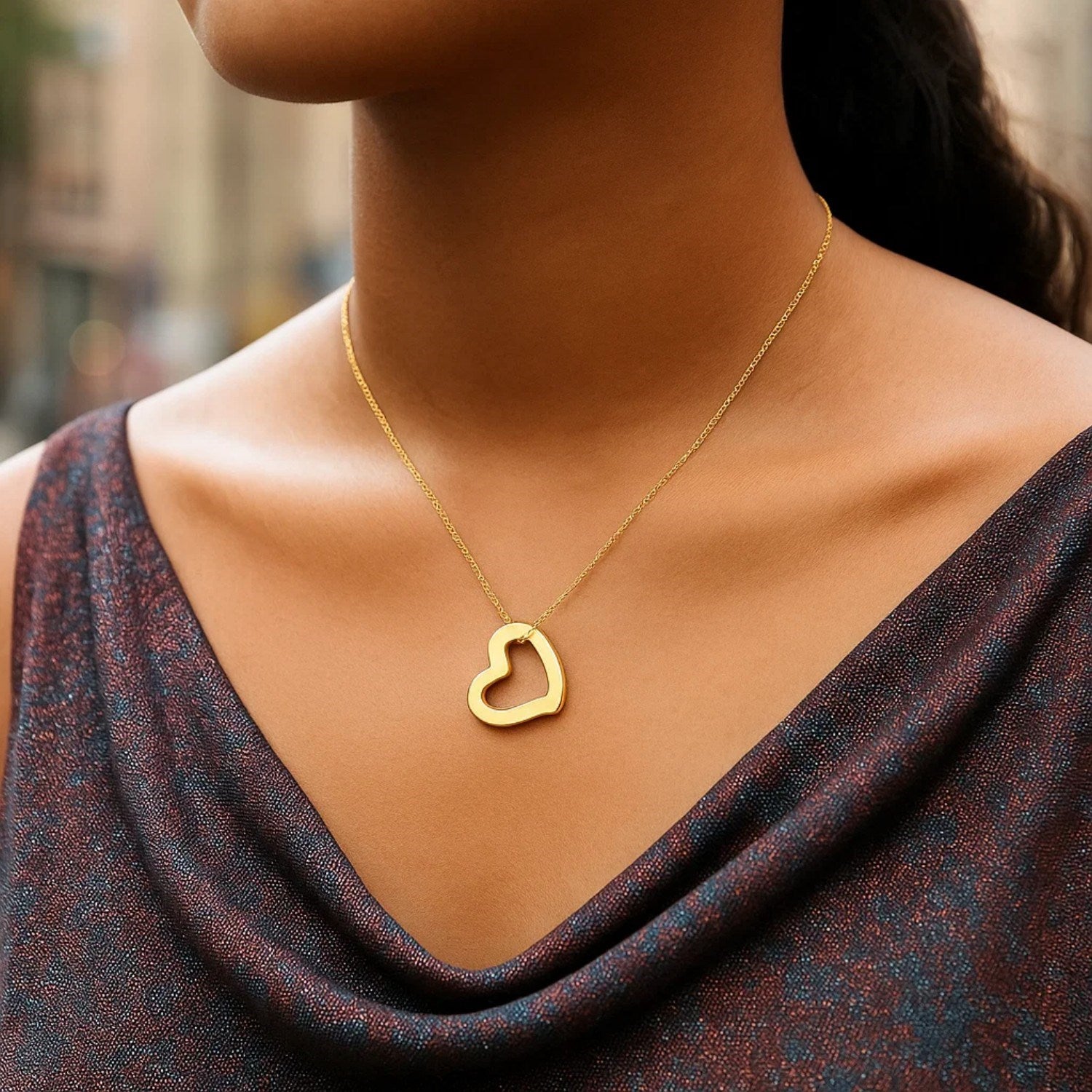 14K Yellow Gold Open Heart Pendant Necklace 18 Inch