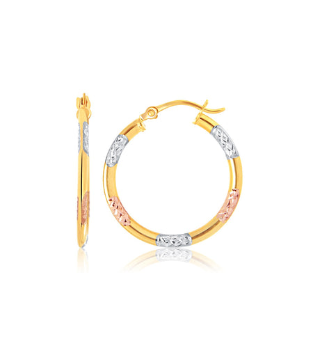 Tri-Color Hoop Earrings with Diamond Cut Accents in 14k Gold(2x15mm)