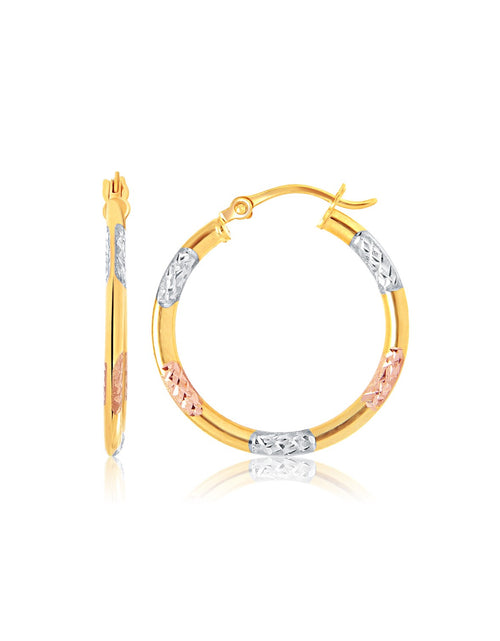 Load image into Gallery viewer, Tri-Color Hoop Earrings with Diamond Cut Accents in 14k Gold(2x15mm)
