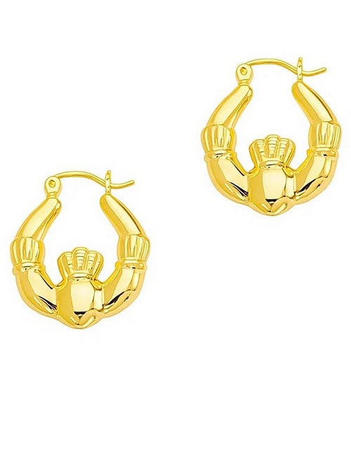 Load image into Gallery viewer, 14K Yellow Gold Claddagh Symbol Hoop Earrings

