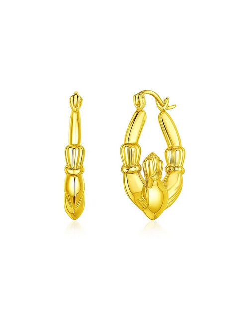 Load image into Gallery viewer, 14K Yellow Gold Claddagh Symbol Hoop Earrings
