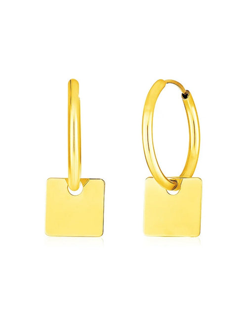 Load image into Gallery viewer, 14k Yellow Gold Huggie Style Hoop Earrings with Square Drops
