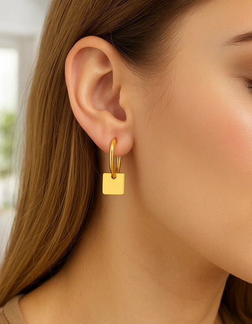 Load image into Gallery viewer, 14k Yellow Gold Huggie Style Hoop Earrings with Square Drops
