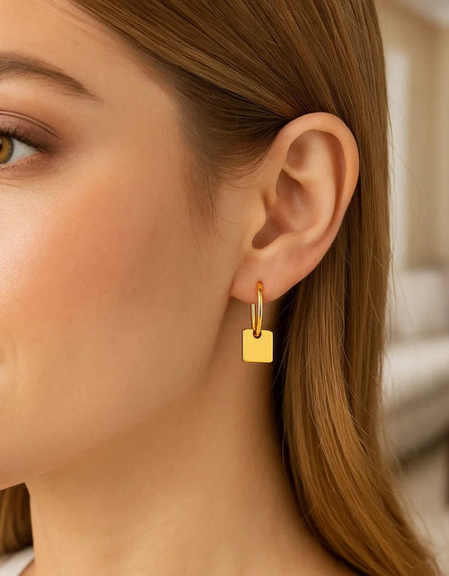 Load image into Gallery viewer, 14k Yellow Gold Huggie Style Hoop Earrings with Square Drops

