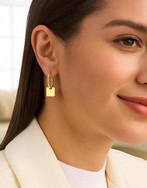 Load image into Gallery viewer, 14k Yellow Gold Huggie Style Hoop Earrings with Square Drops

