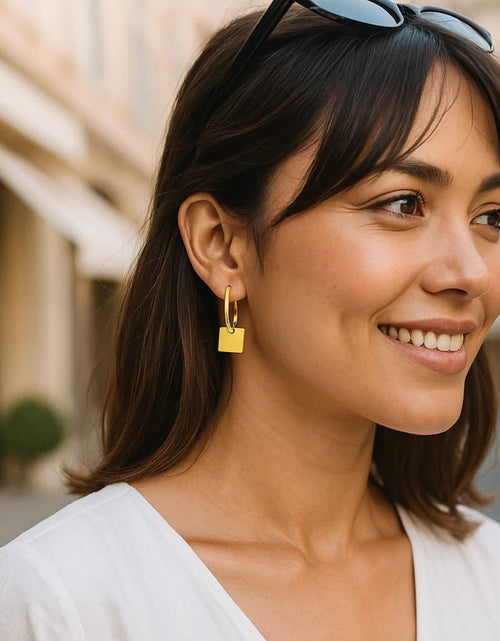 Load image into Gallery viewer, 14k Yellow Gold Huggie Style Hoop Earrings with Square Drops
