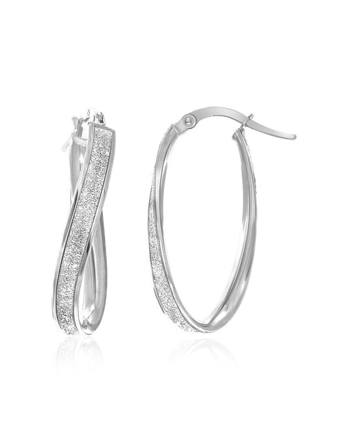 Load image into Gallery viewer, 14k White Gold Oval Hoop Twist Glittery Earrings
