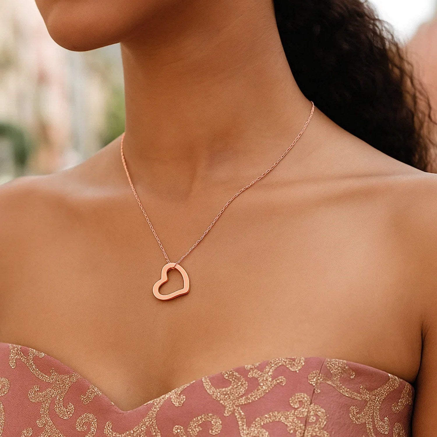 14K Rose Gold Open Heart Pendant Necklace 18" Cable Chain