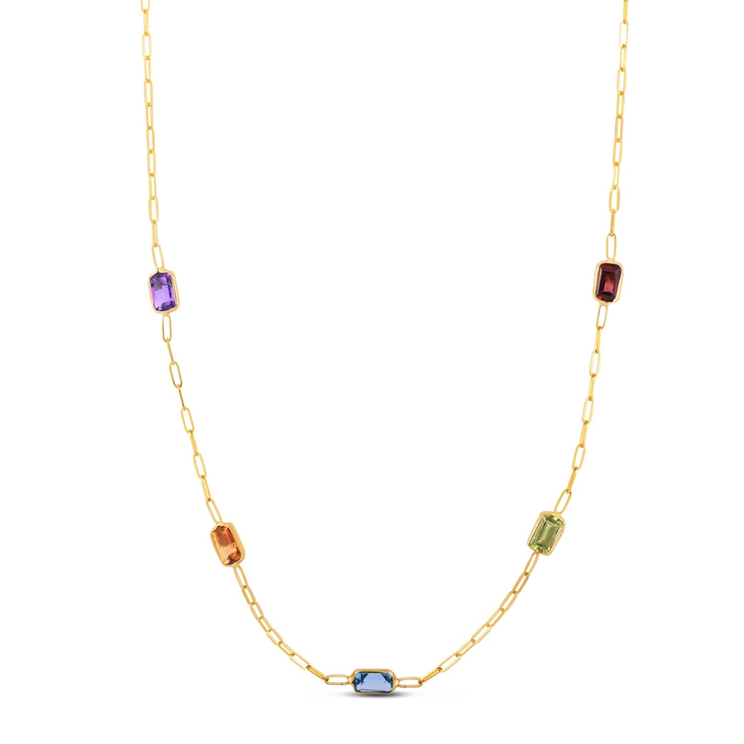 14K Yellow Gold Multi-Gemstone Baguette Paperclip Necklace 17 Inch