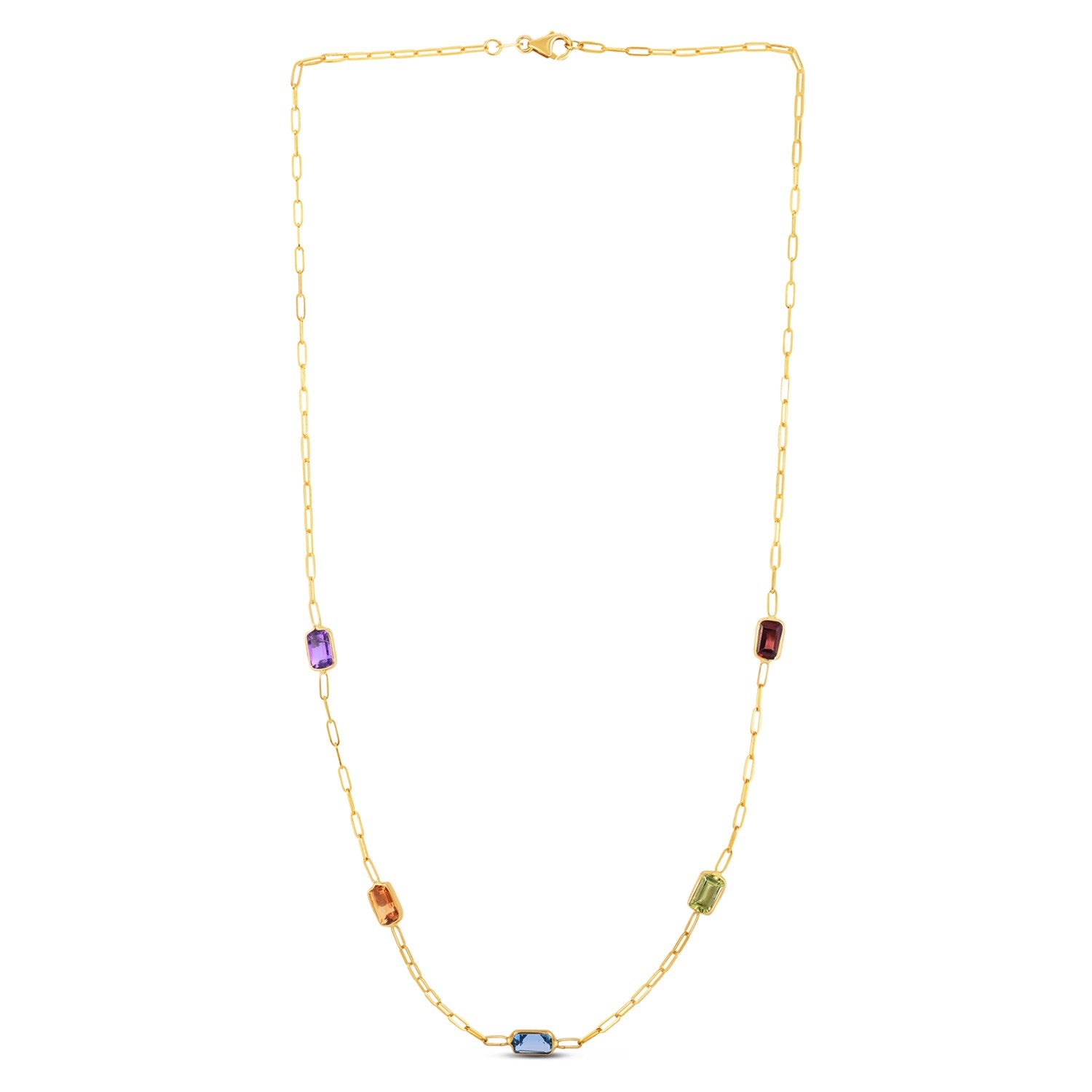 14K Yellow Gold Multi-Gemstone Baguette Paperclip Necklace 17 Inch