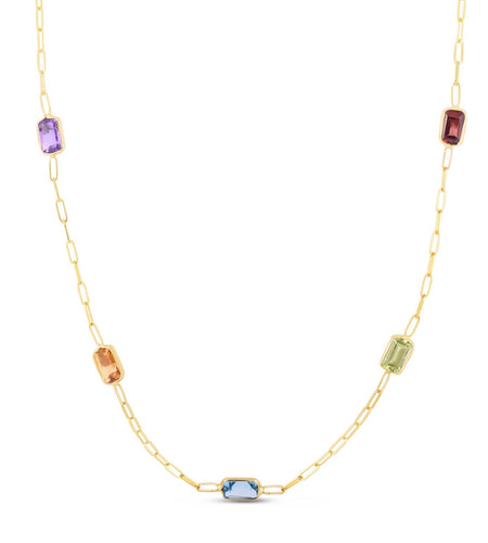 14K Yellow Gold Multi-Gemstone Baguette Paperclip Necklace 17 Inch