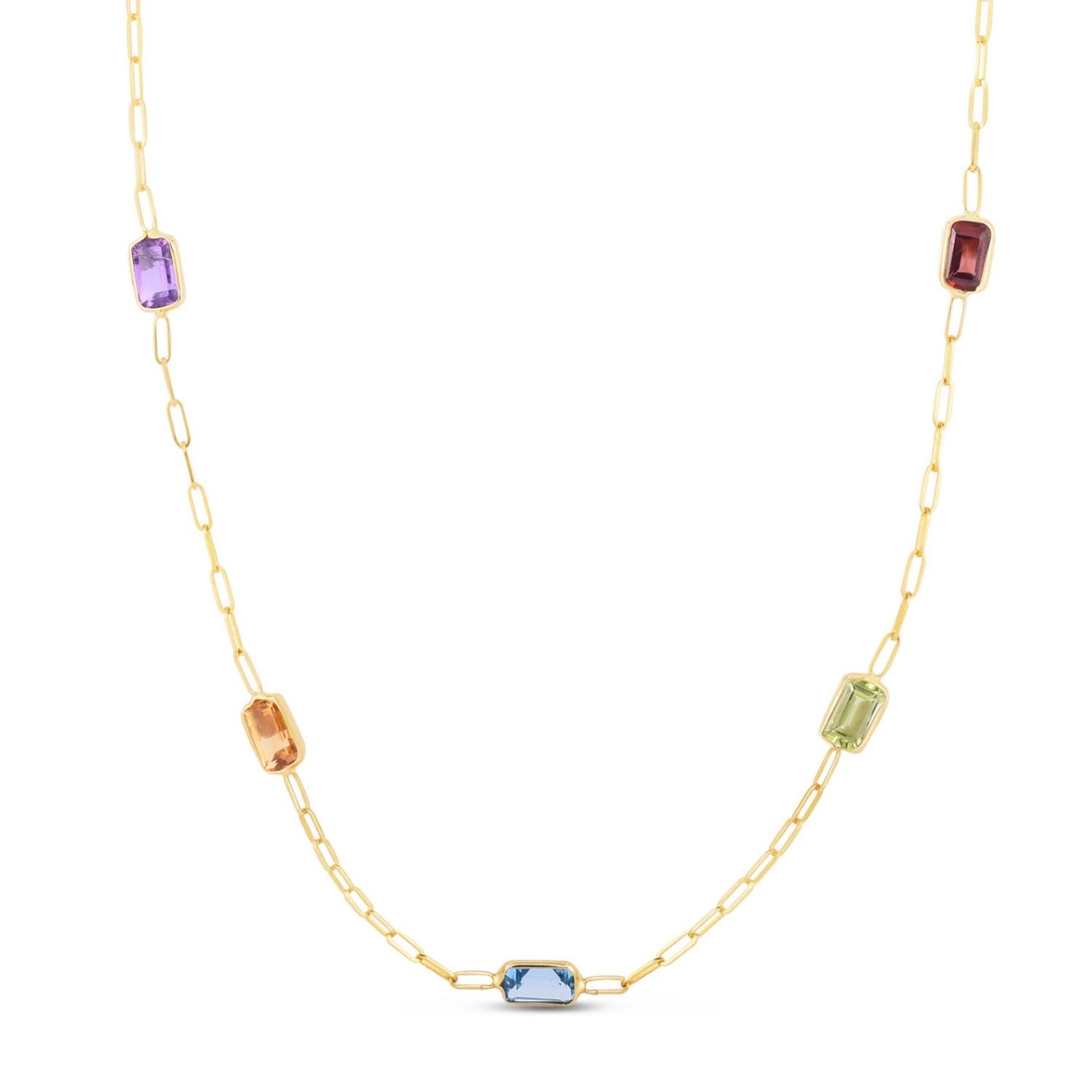 14K Yellow Gold Multi-Gemstone Baguette Paperclip Necklace 17 Inch