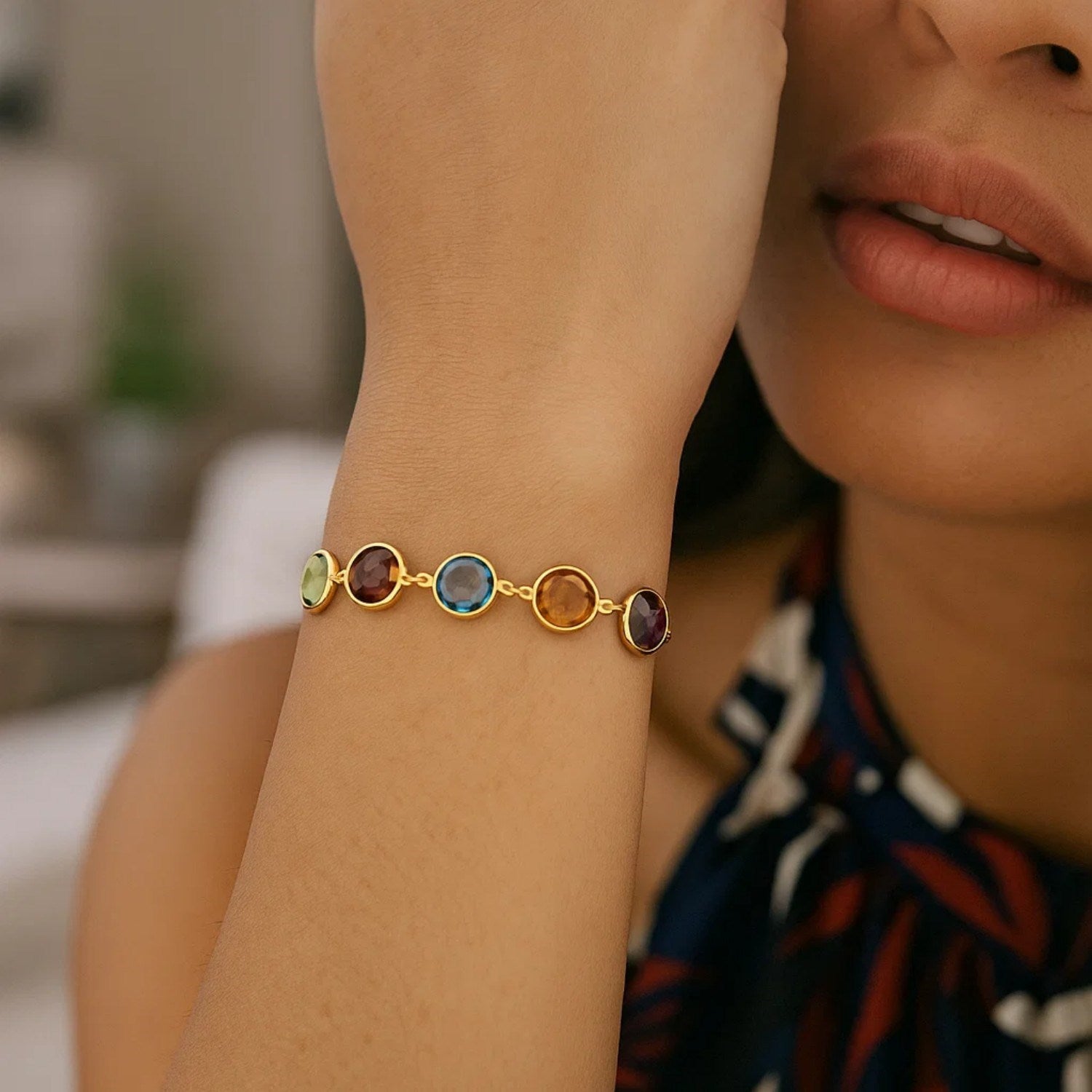 14K Yellow Gold Multigemstone Adjustable Bracelet