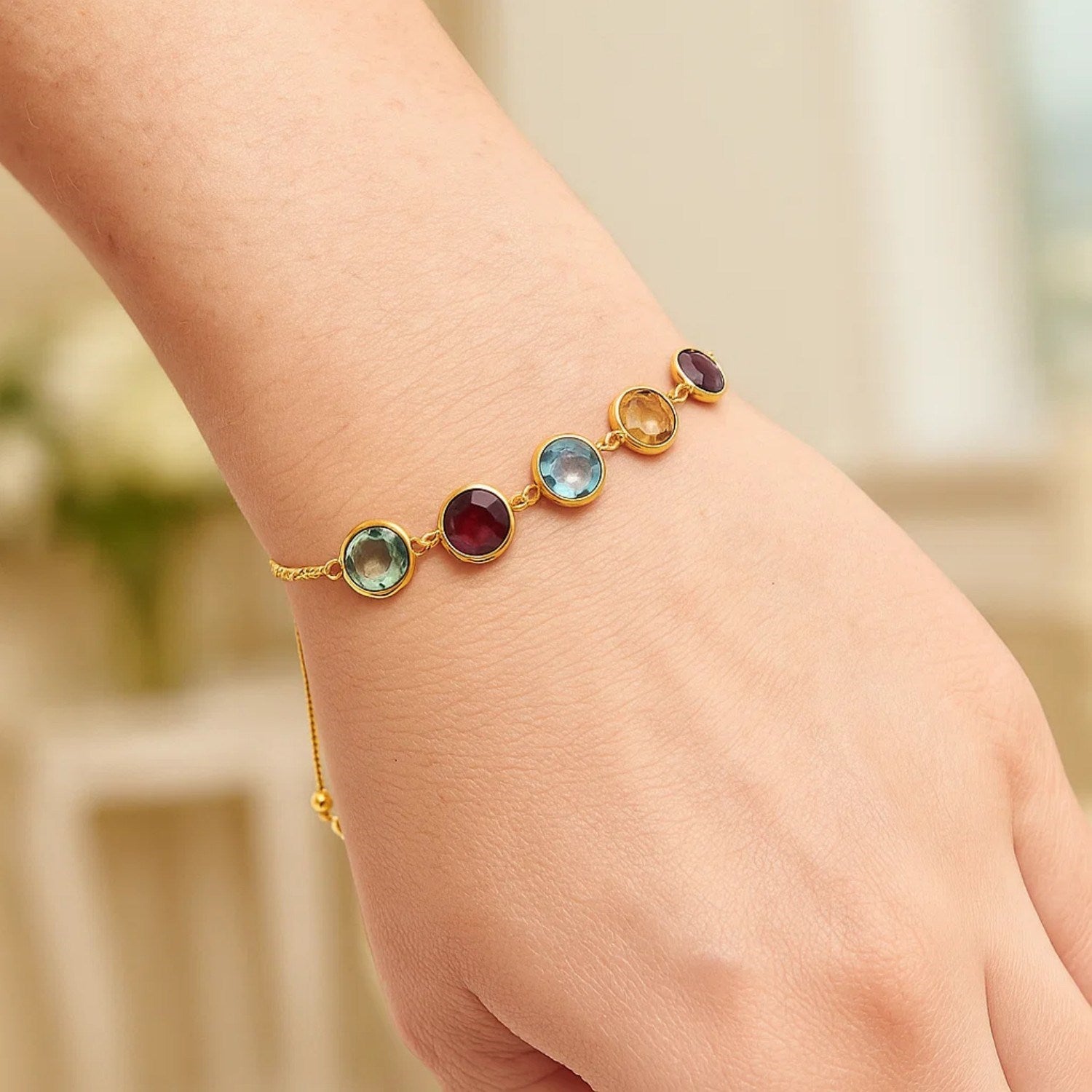 14K Yellow Gold Multigemstone Adjustable Bracelet