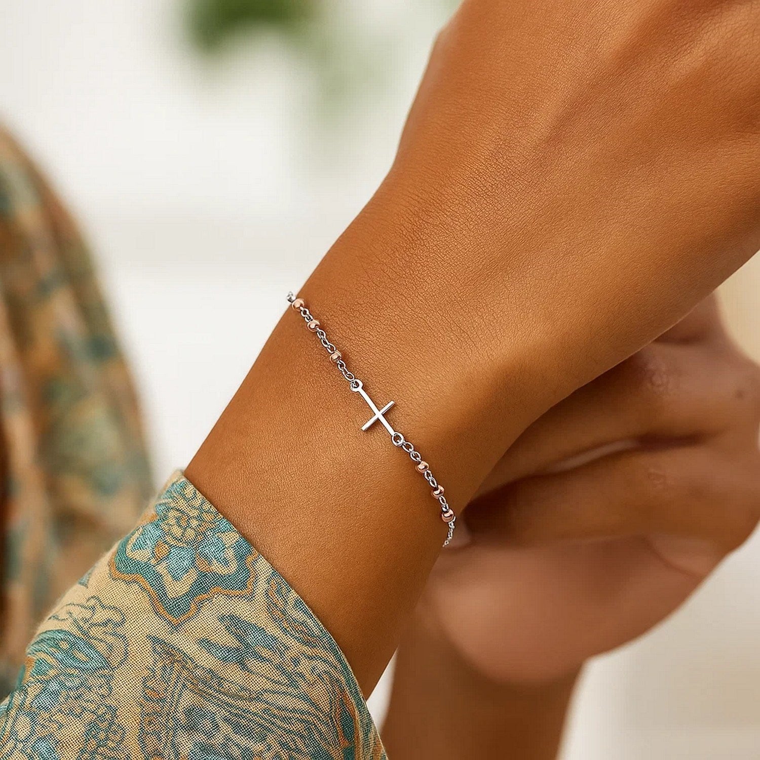 Sterling Silver Two-Tone Adjustable Cross Bracelet