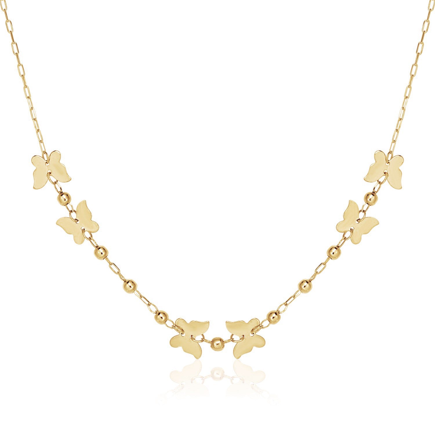 14K Yellow Gold Polished Butterfly and Bead Necklace 18 in