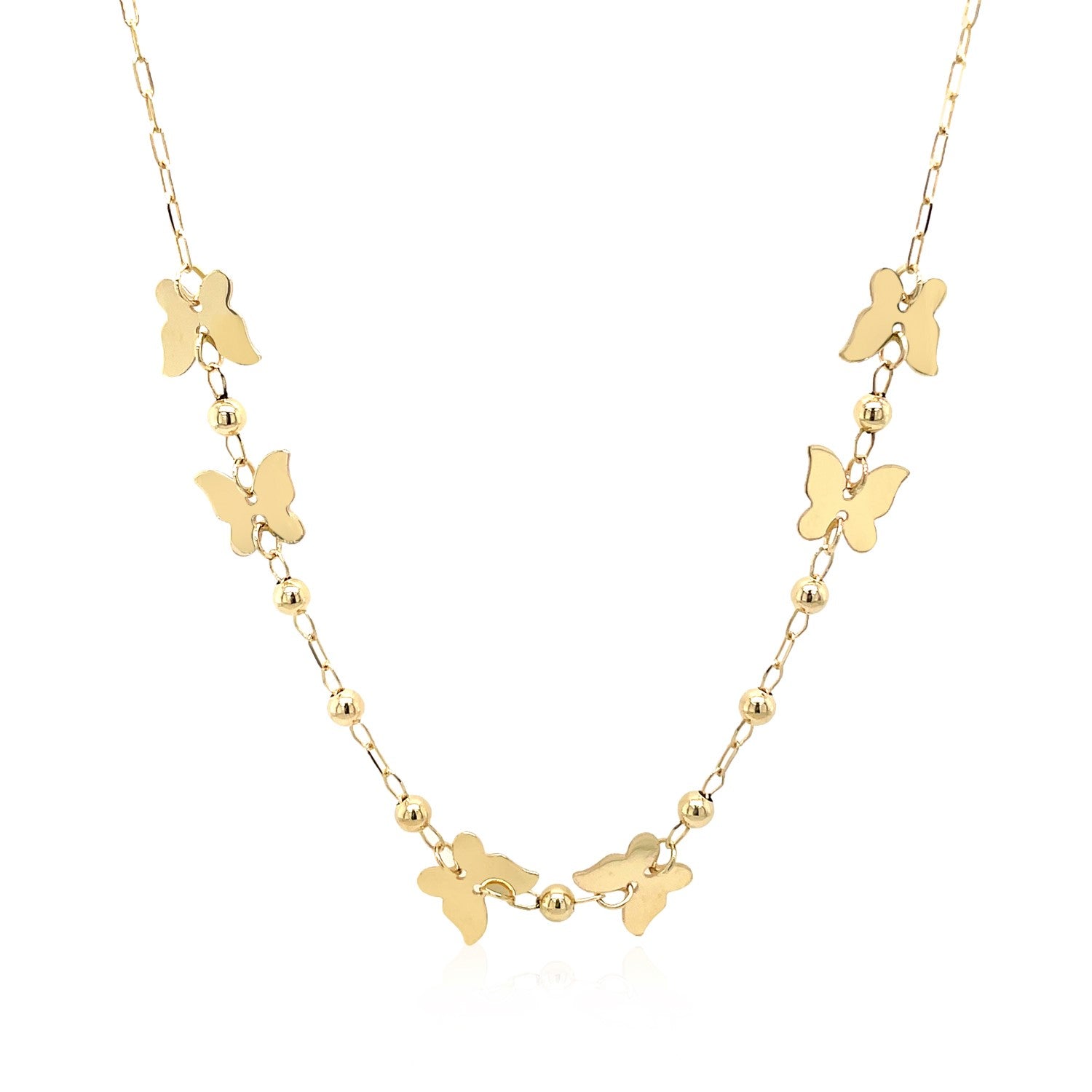 14K Yellow Gold Polished Butterfly and Bead Necklace 18 in