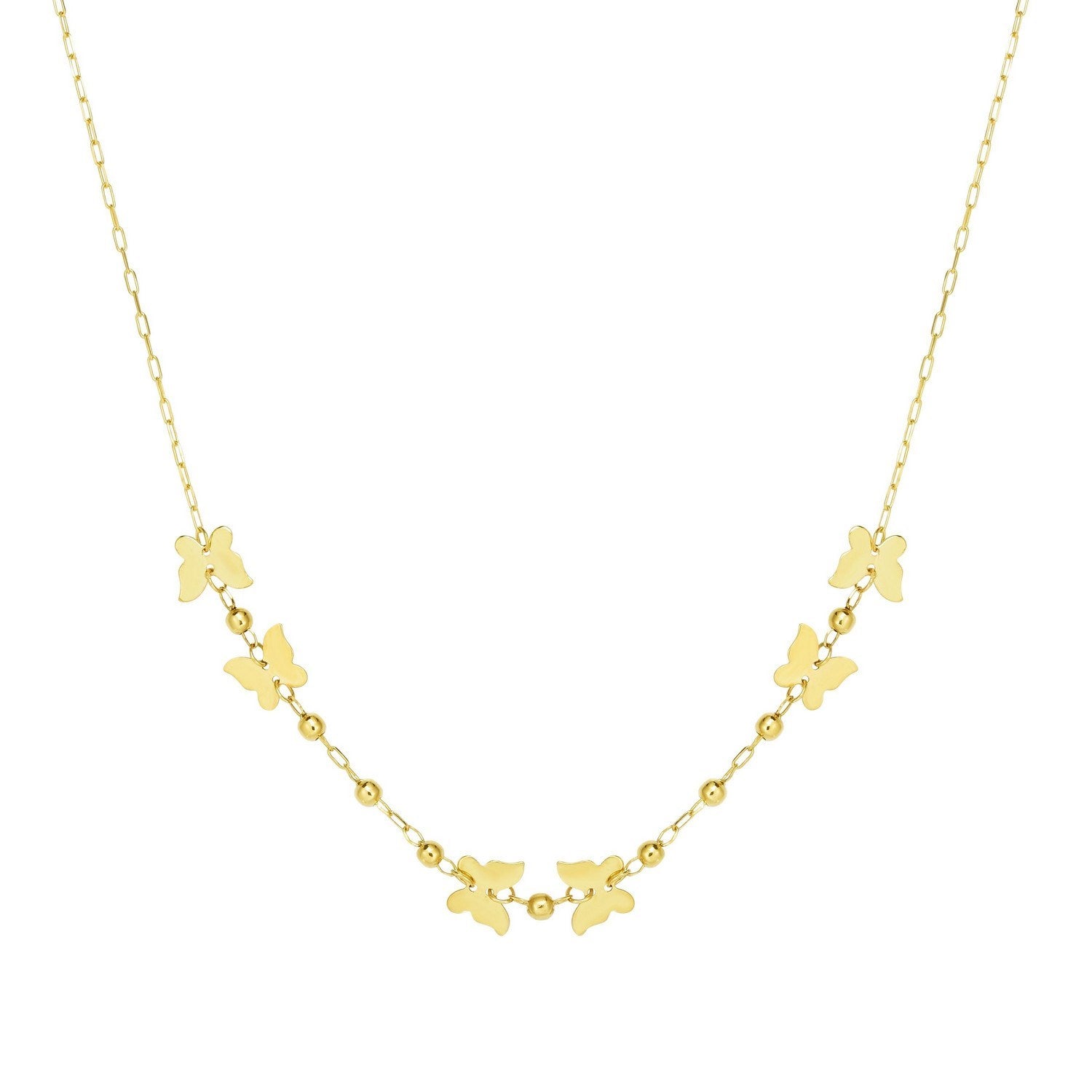 14K Yellow Gold Polished Butterfly and Bead Necklace 18 in