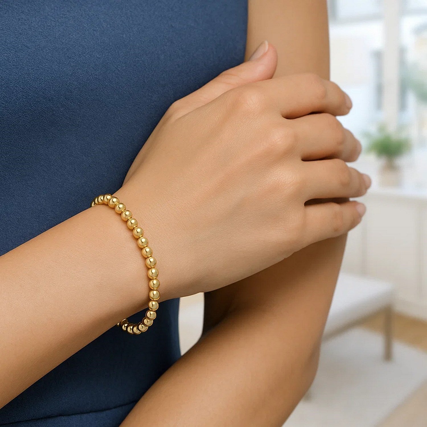 14K Yellow Gold 4mm Polished Bead Bracelet, 8" Adjustable