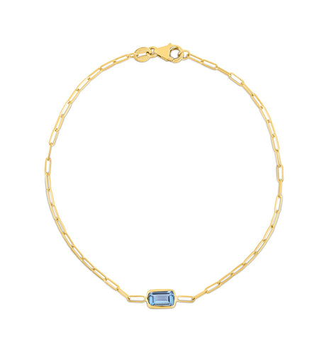 14K Yellow Gold Blue Topaz Paperclip Bracelet, 7"