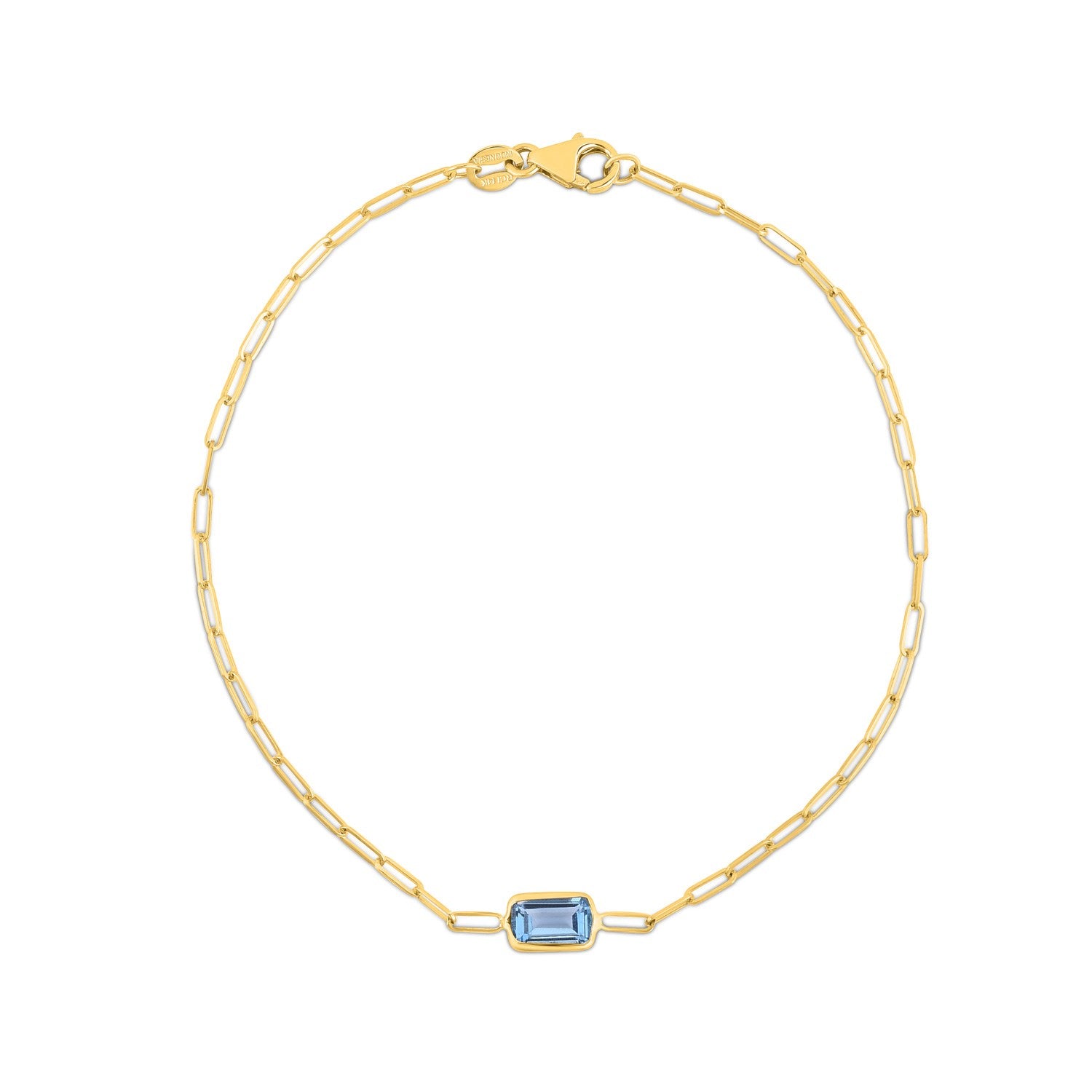 14K Yellow Gold Blue Topaz Paperclip Bracelet, 7"
