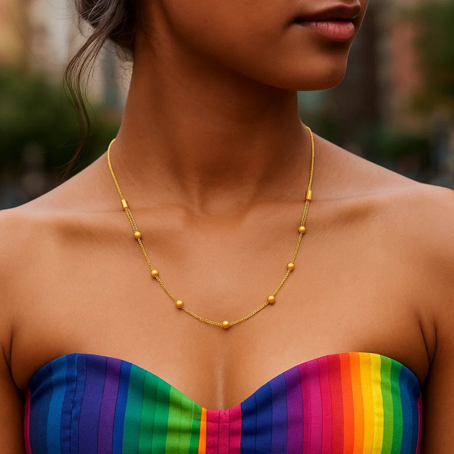 14K Yellow Gold Adjustable Bead Station Necklace