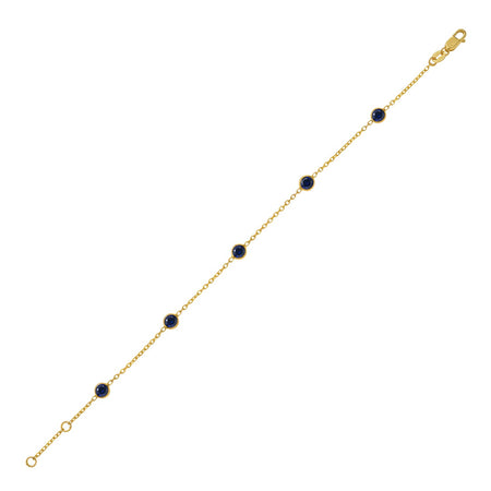 14K Yellow Gold Blue Sapphire Station Bracelet, 7" Adjustable