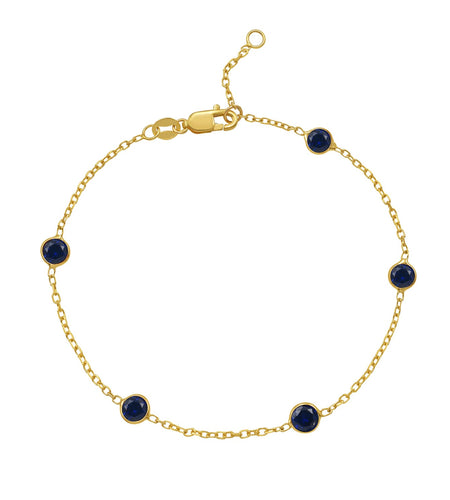 14K Yellow Gold Blue Sapphire Station Bracelet, 7" Adjustable